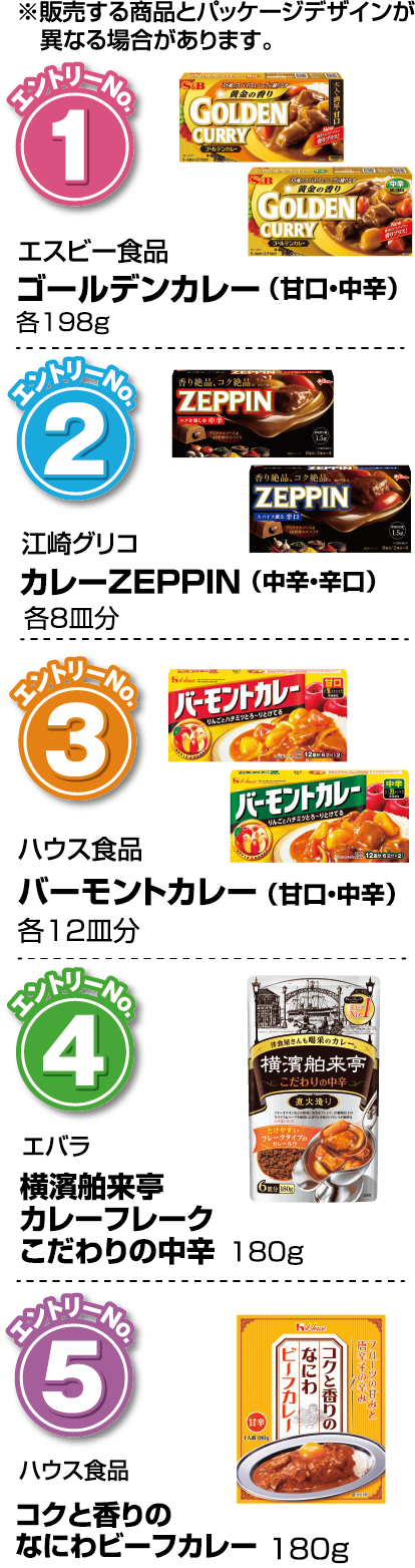 ※販売する商品とパッケージデザインが異なる場合があります。【エントリーNo.1】エスビー食品 ゴールデンカレー（甘口・中辛）各198g【エントリーNo.2】江崎グリコ カレーZEPPIN（中辛・辛口）各8皿分【エントリーNo.3】ハウス食品 バーモントカレー（甘口・中辛）各12皿分【エントリーNo.4】エバラ 横濱舶来亭 カレーフレーク こだわり中辛 180g 【エントリーNo.5】ハウス食品 コクと香りのなにわビーフカレー 180g